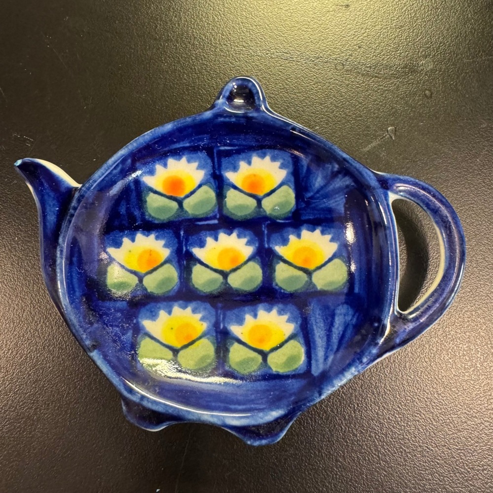 Polish Pottery Tea Bag Holder Blue Yellow Water Lily Floral Handmade Poland Q-3